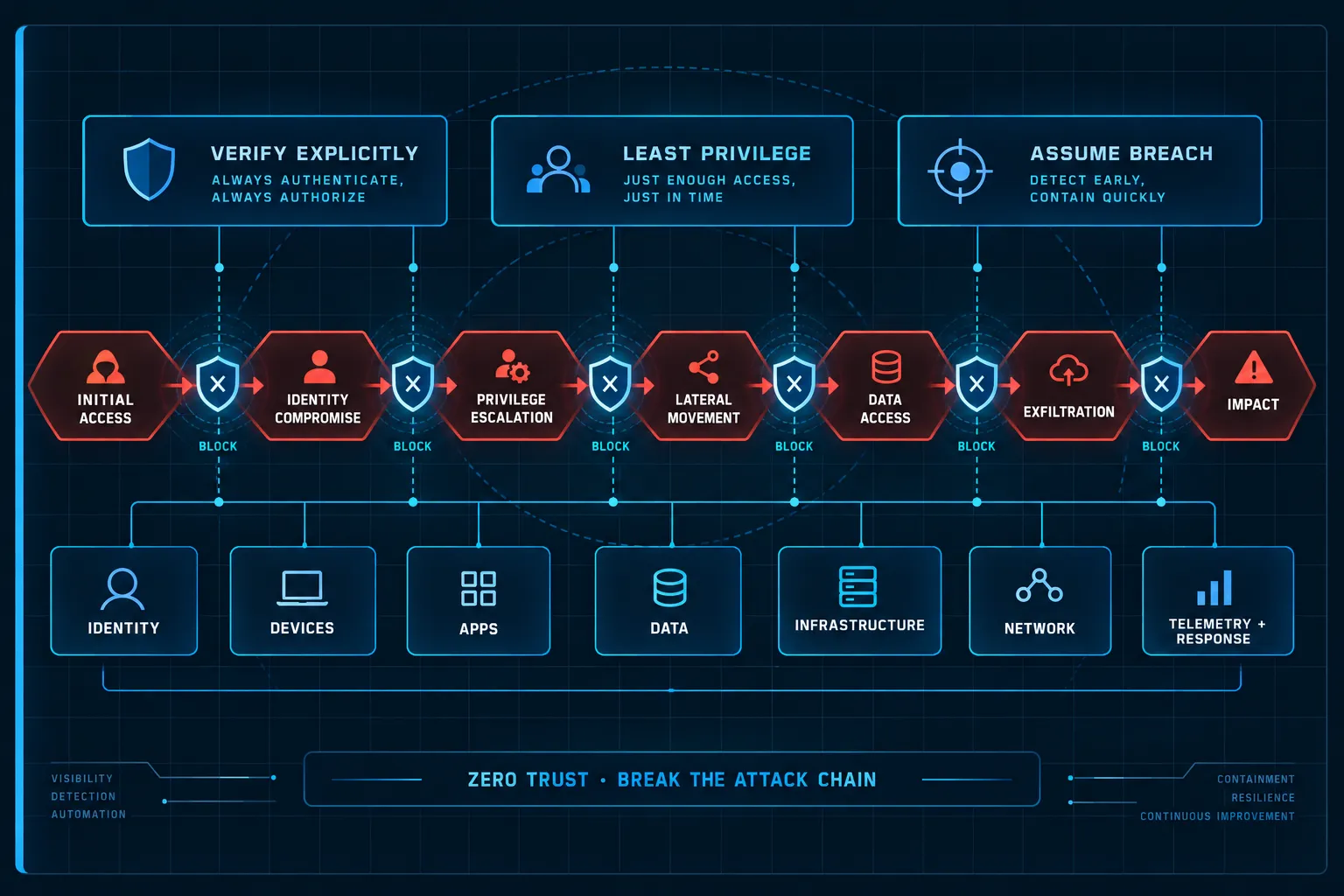 Zero Trust attack-chain map showing seven attack stages interrupted by identity, device, application, data, infrastructure, network, telemetry and response controls.